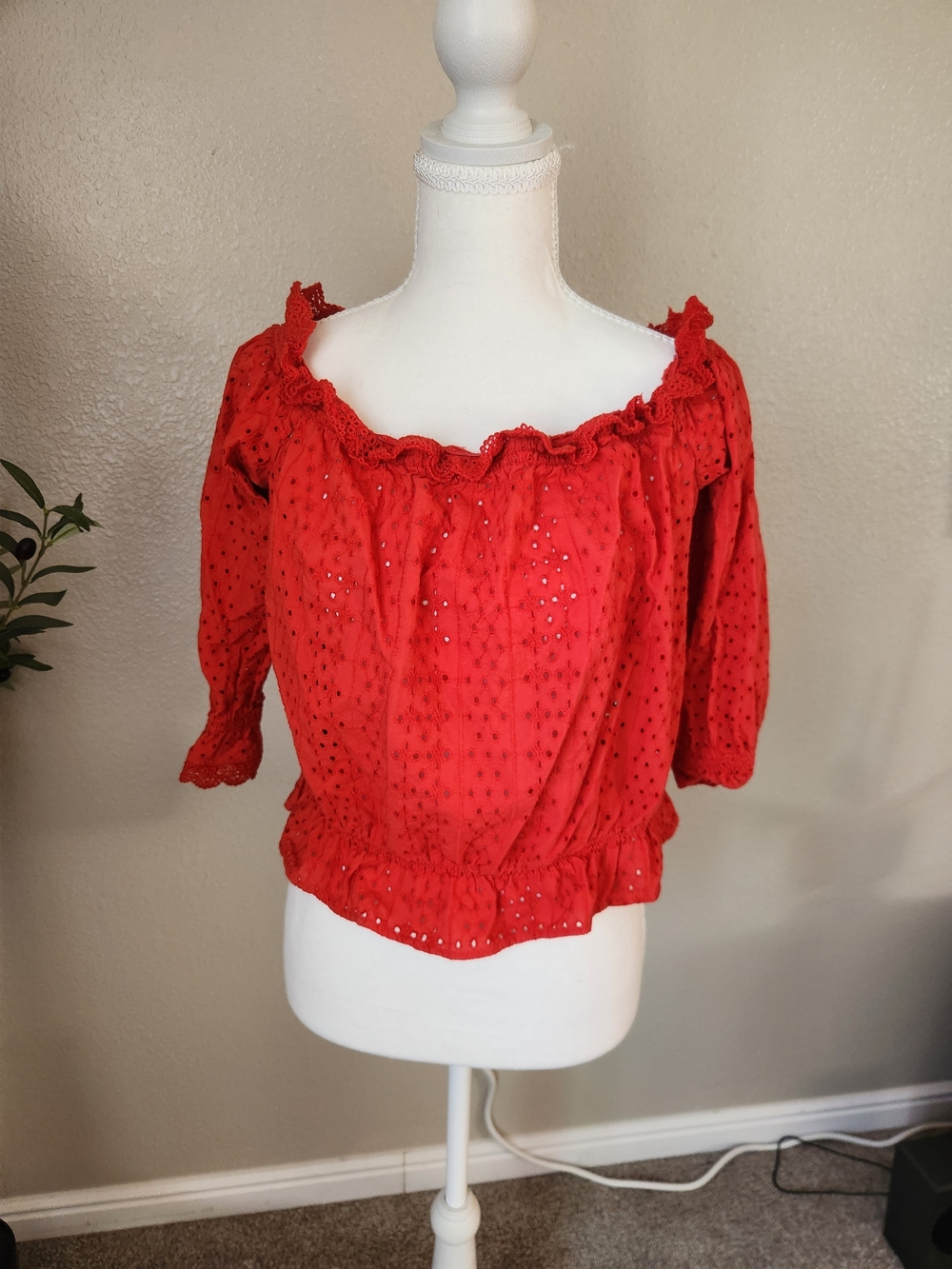 Divided Red Off-Shoulder Eyelet Blouse